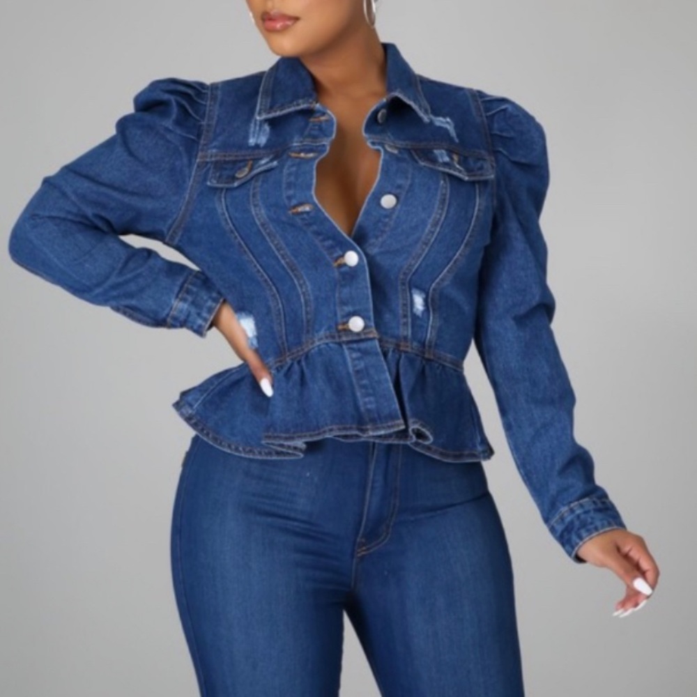Puff Sleeve Peplum Denim Jacket